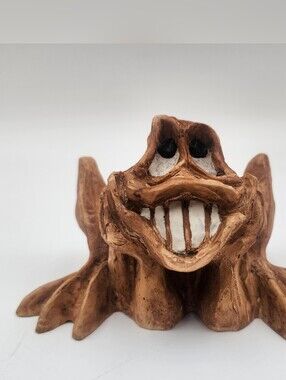 Bill Vernon Signed Hand Carved Wood Frog Sculpture Vintage Figurine Garden